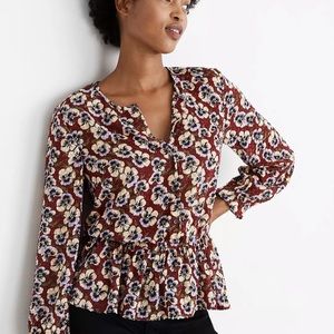 Madewell Viola Floral Drawstring Ruffle Hem Blouse